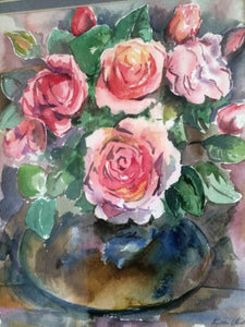 Original Phyllis Veith Watercolour Still Life Flowers/Roses Pastel Painting