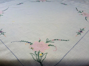 Antique or Vintage Hand Embroidered Applique White Batiste Linen Tablecloth