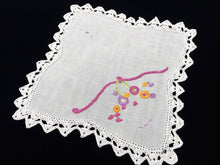 Load image into Gallery viewer, Vintage Embroidered White Linen Flower Basket Design Doily with Crochet Lace Edging