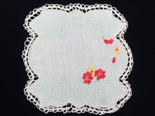 Load image into Gallery viewer, Vintage Embroidered Off-White Linen Embroidered Doily with White Crochet Lace Edging