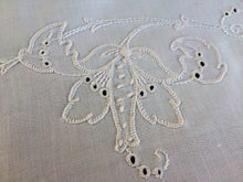 Load image into Gallery viewer, Embroidered Antique Victorian Carver Cover. Rare Antique Linen Kitchen Meat Carver Tablecloth with Madeira Cutwork and Scalloped Crochet Edging