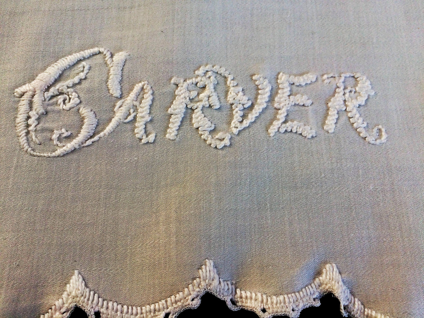 Embroidered Antique Victorian Carver Cover. Rare Antique Linen Kitchen Meat Carver Tablecloth with Madeira Cutwork and Scalloped Crochet Edging