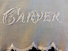 Load image into Gallery viewer, Embroidered Antique Victorian Carver Cover. Rare Antique Linen Kitchen Meat Carver Tablecloth with Madeira Cutwork and Scalloped Crochet Edging