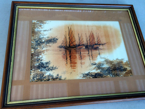 Vintage Landscape Watercolour. South East Asian Seascape with Chinese Junks Painting In Wooden Frame