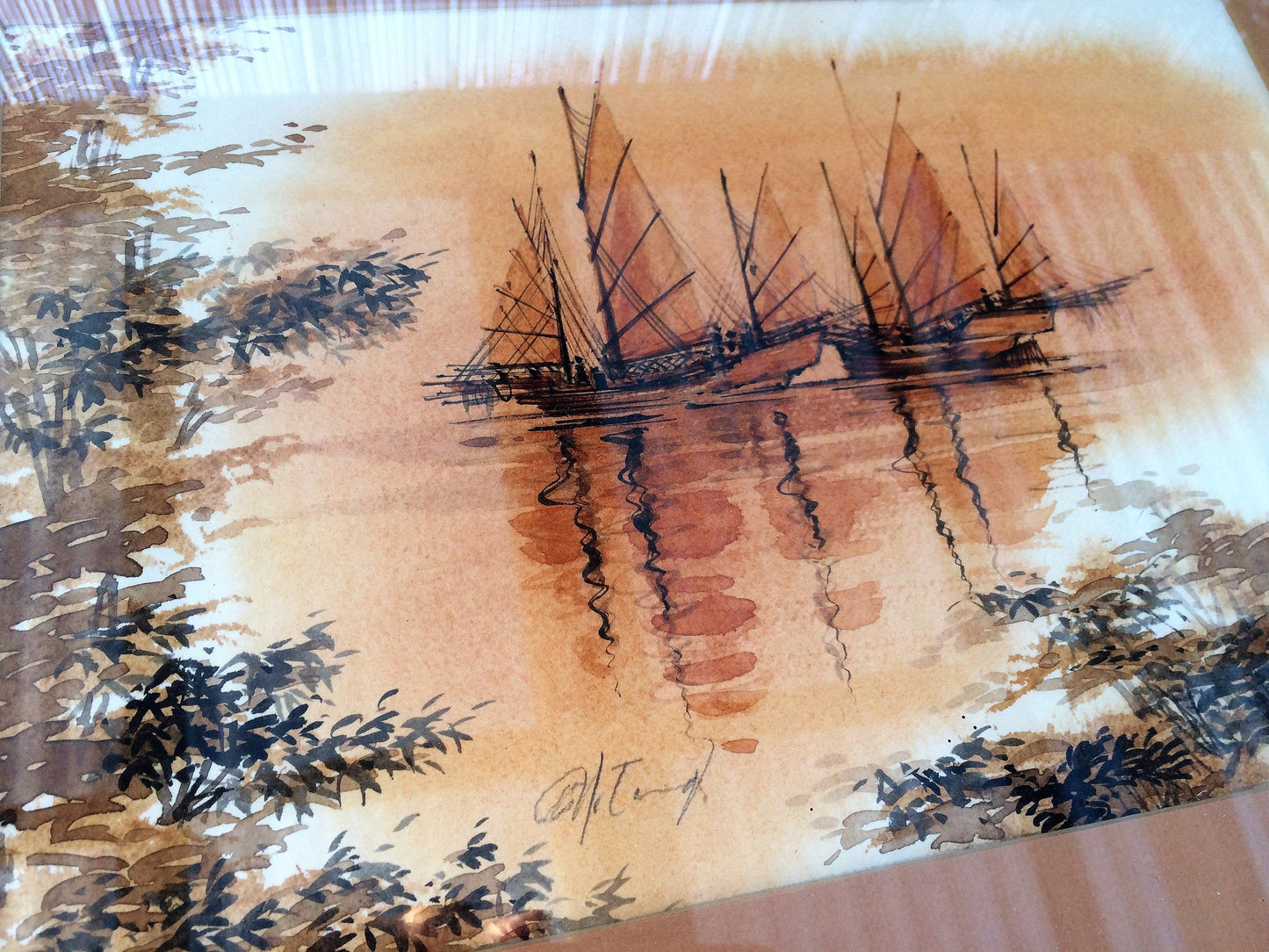 Vintage Landscape Watercolour. South East Asian Seascape with Chinese Junks Painting In Wooden Frame