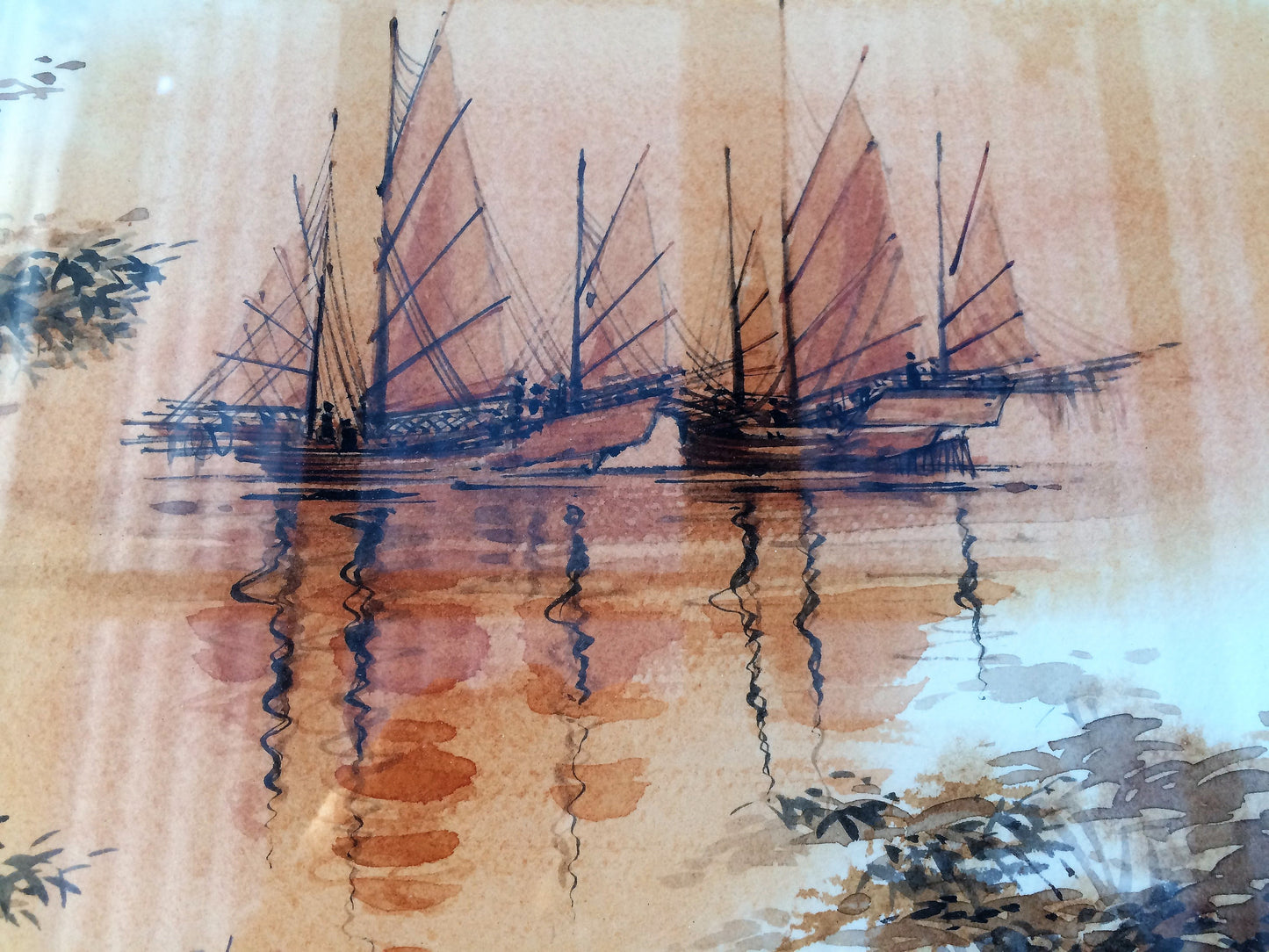 Vintage Landscape Watercolour. South East Asian Seascape with Chinese Junks Painting In Wooden Frame