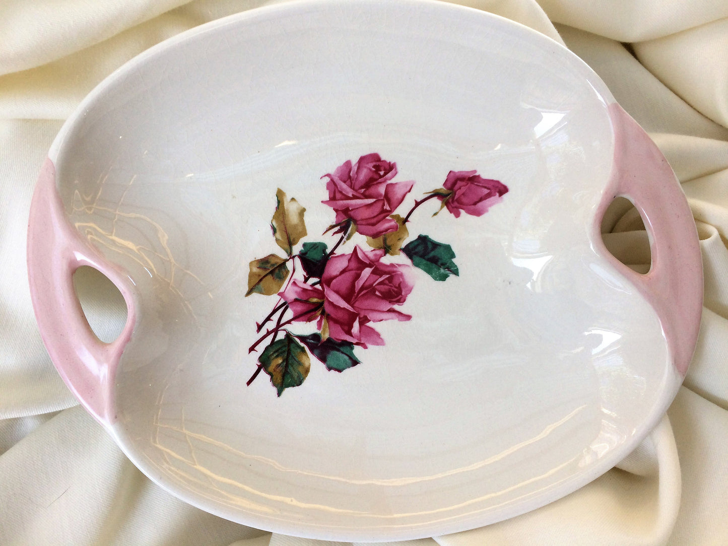 Lord Nelson Pottery England Vintage Oval Platter with Handles: Pink/Red Roses Design.