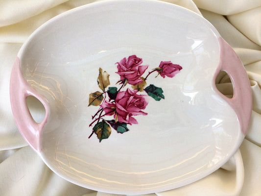 Lord Nelson Pottery England Vintage Oval Platter with Handles: Pink/Red Roses Design.