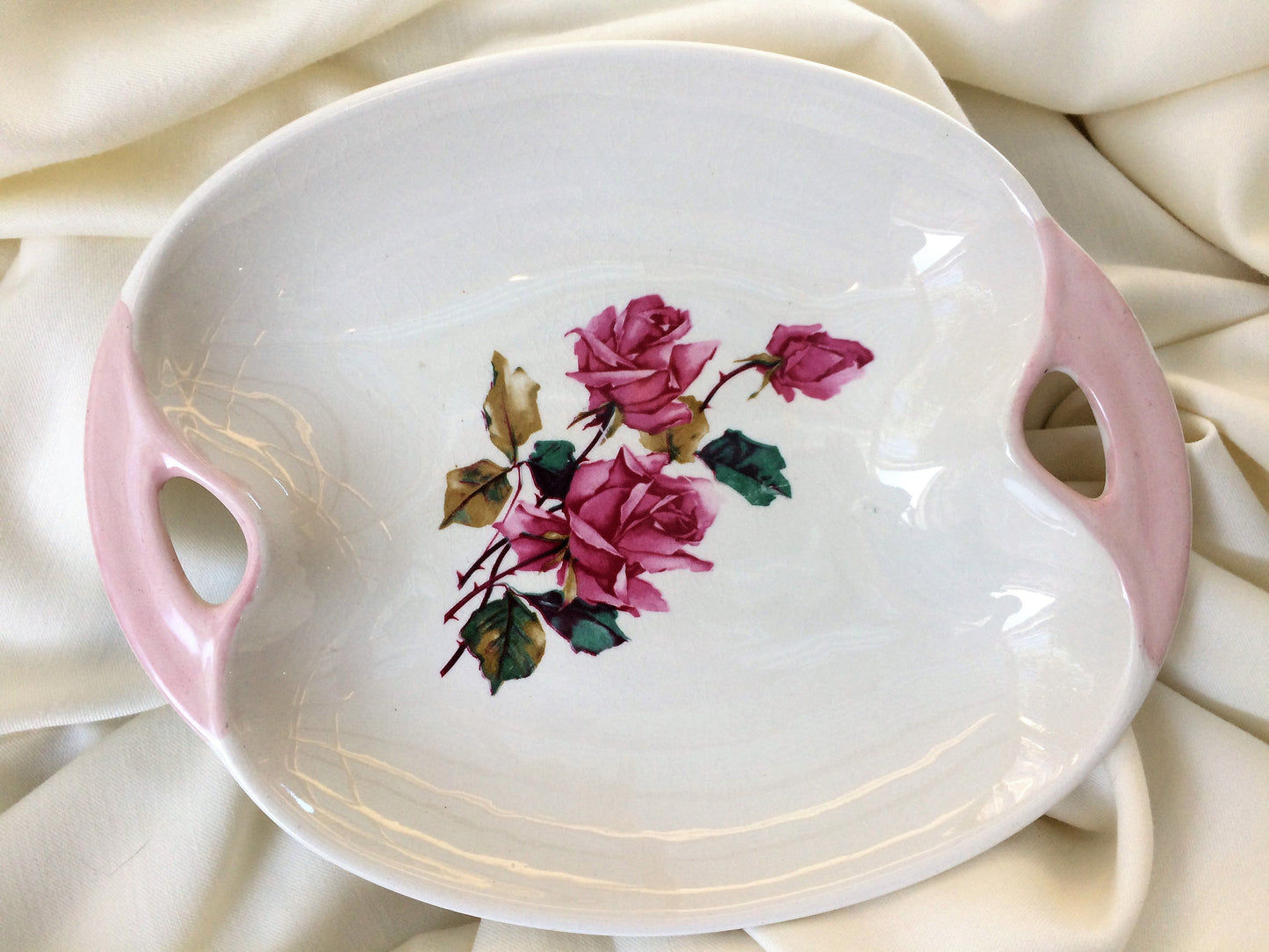 Lord Nelson Pottery England Vintage Oval Platter with Handles: Pink/Red Roses Design.
