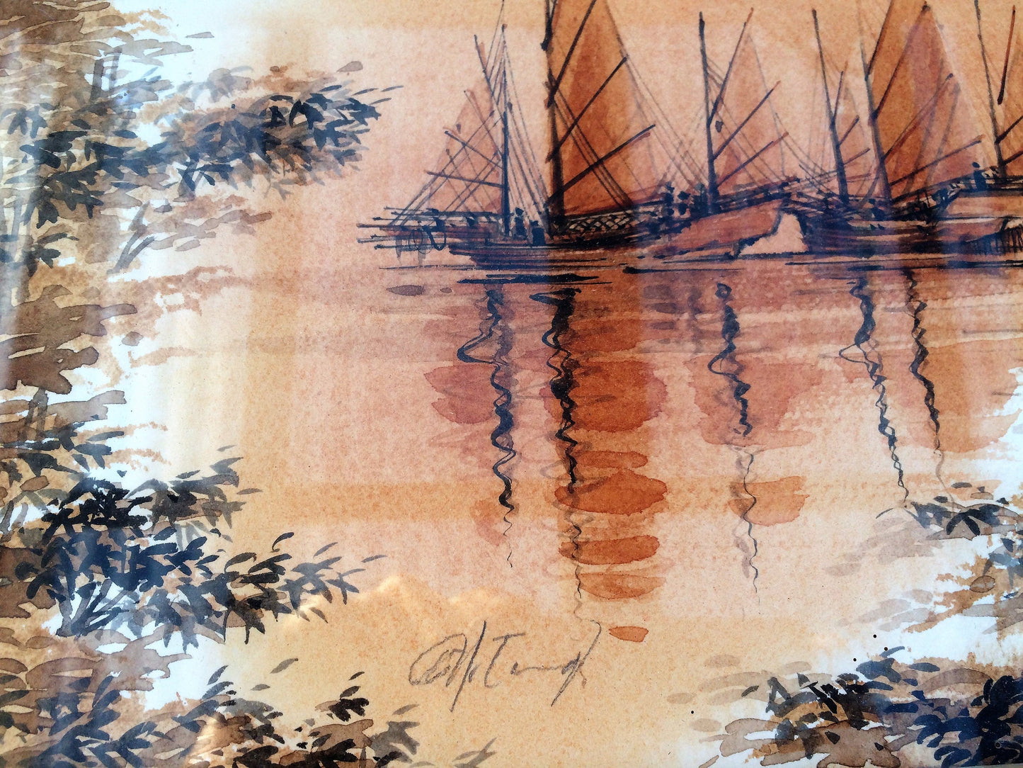 Vintage Landscape Watercolour. South East Asian Seascape with Chinese Junks Painting In Wooden Frame