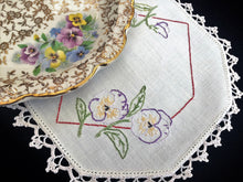 Load image into Gallery viewer, Vintage Embroidered Off White Small Hexagonal Linen Doily with Pansies and Crochet Edging RBT3517