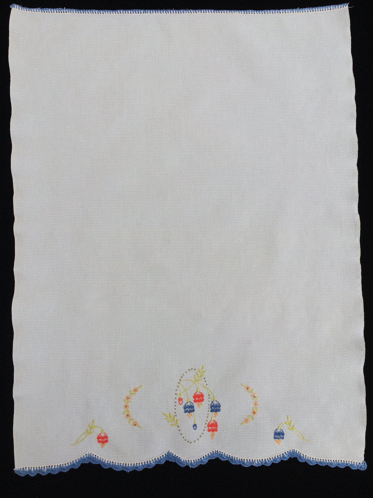 Vintage Embroidered Blue Waffle Linen Tea or Guest Towel with Blue Crocheted Edge
