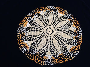 Vintage Yellow and Variegated Orange Round Crocheted Cotton Lace Doily
