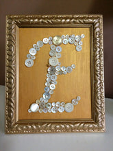 Load image into Gallery viewer, Framed Monogram &quot;E&quot; Button Collage. Framed Vintage Mother of Pearl Button Collage Monogram Letter E in Ornate Gold Tone Frame