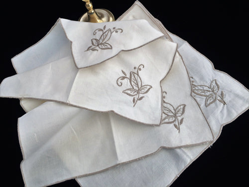 A Set of 4 Hand Embroidered Ivory and Ecru (Beige) Cloth Napkins. Unused Vintage Serviettes