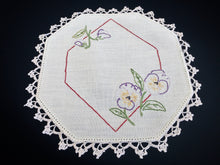 Load image into Gallery viewer, Vintage Embroidered Off White Small Hexagonal Linen Doily with Pansies and Crochet Edging RBT3517