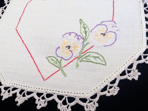 Vintage Embroidered Off White Small Hexagonal Linen Doily with Pansies and Crochet Edging RBT3517