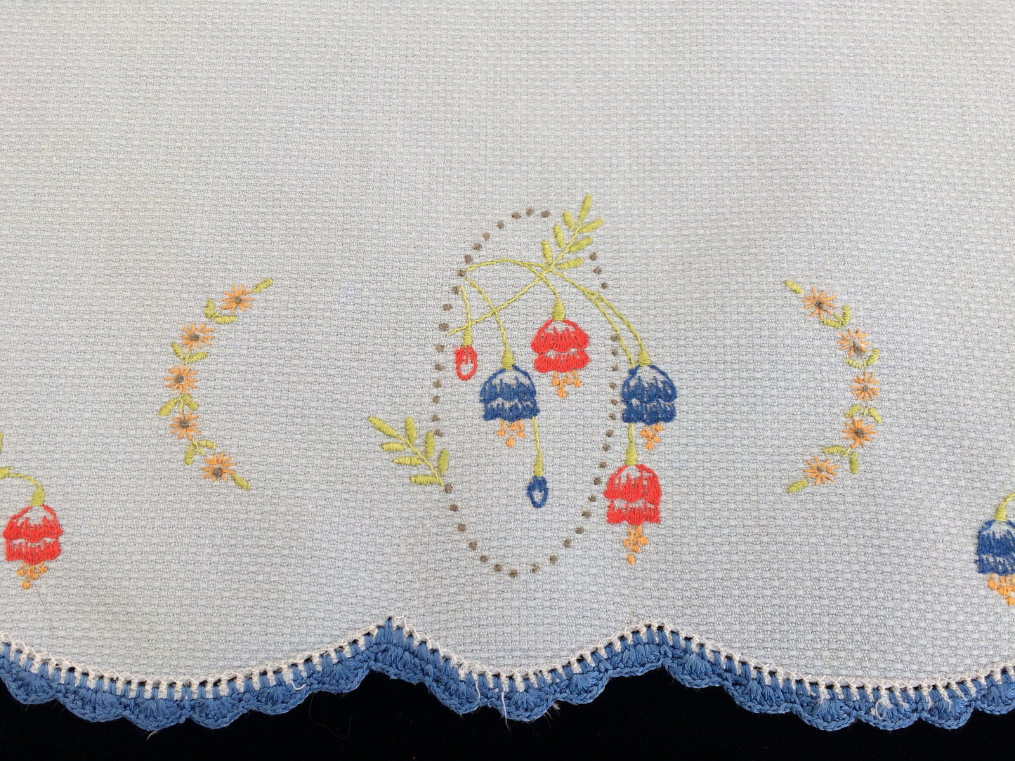 Vintage Embroidered Blue Waffle Linen Tea or Guest Towel with Blue Crocheted Edge