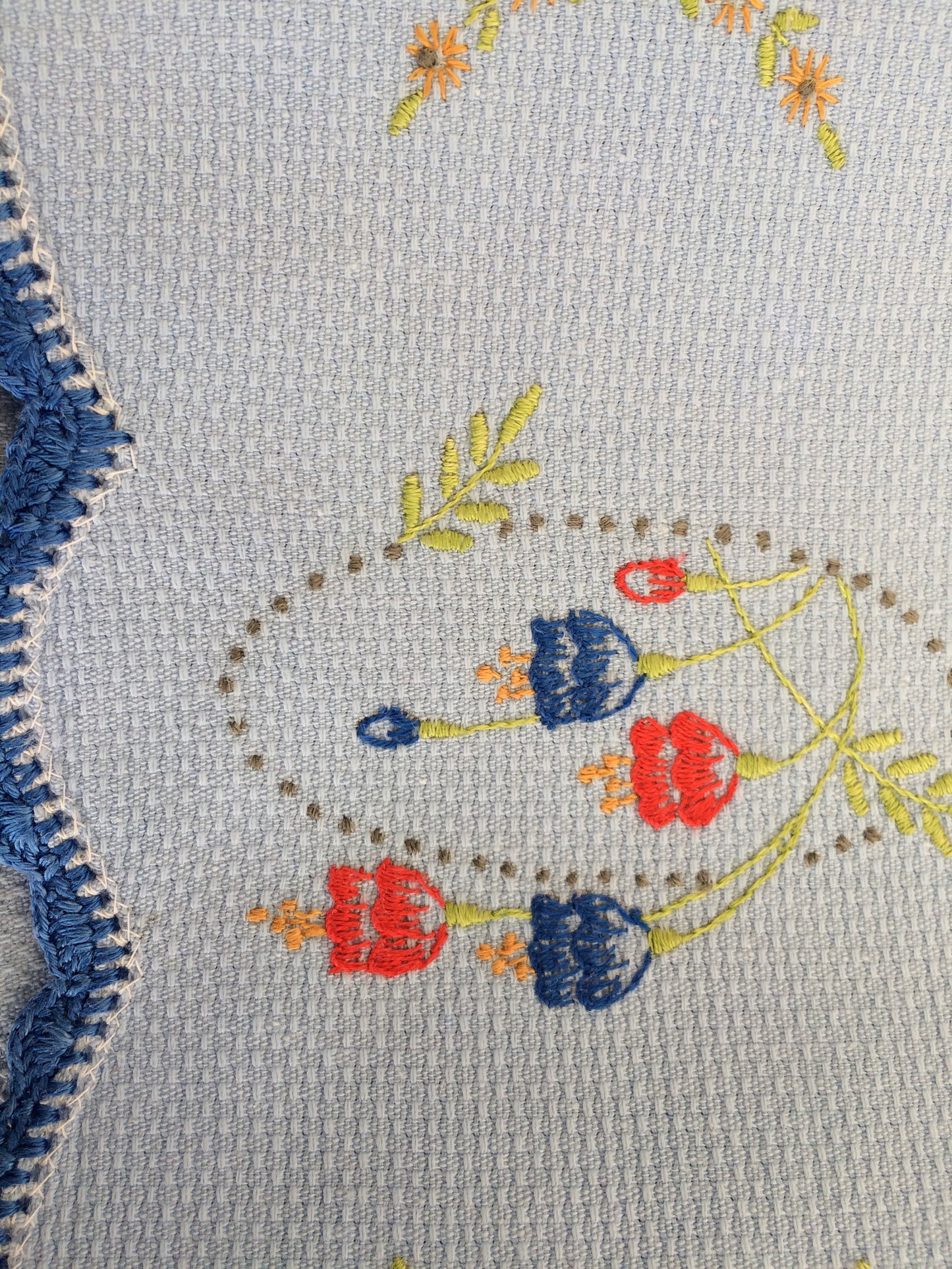 Vintage Embroidered Blue Waffle Linen Tea or Guest Towel with Blue Crocheted Edge