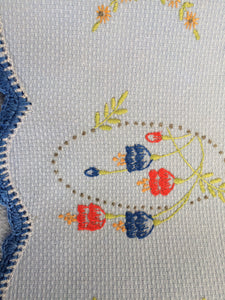 Vintage Embroidered Blue Waffle Linen Tea or Guest Towel with Blue Crocheted Edge