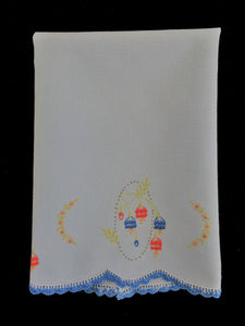 Vintage Embroidered Blue Waffle Linen Tea or Guest Towel with Blue Crocheted Edge