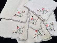 Load image into Gallery viewer, A Set of 6 Hand Embroidered Ivory Linen Vintage Madeira Cutwork Linen Napkins with Grey Scalloped Edging