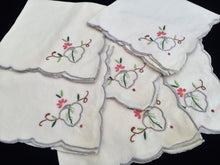 Load image into Gallery viewer, A Set of 6 Hand Embroidered Ivory Linen Vintage Madeira Cutwork Linen Napkins with Grey Scalloped Edging