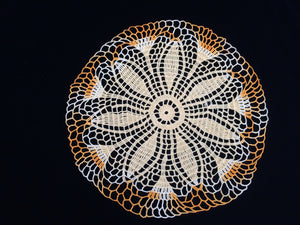 Vintage Yellow and Variegated Orange Round Crocheted Cotton Lace Doily