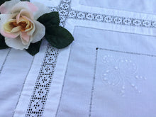 Load image into Gallery viewer, Irish Lace and Linen Antique White Embroidered Linen and Filet Crochet Tablecloth