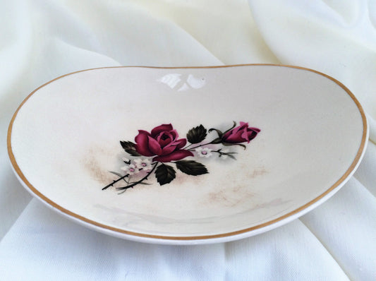 Sandlandware Staffordshire (England) Oval Soap Dish: Red Roses and Gold Band Design