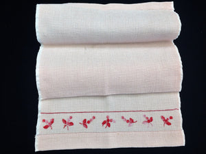 Vintage Hand Embroidered Variegated Pink Flowers Design Pink Waffle Linen Towel
