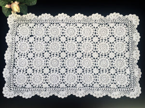 Small Off-White Vintage Crocheted Cotton Lace Table Runner