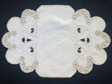 Load image into Gallery viewer, Antique Madeira Hand Embroidered Oval Cutwork White and Ecru Linen Doily or Table Center Mat