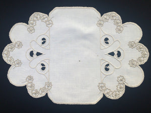 Antique Madeira Hand Embroidered Oval Cutwork White and Ecru Linen Doily or Table Center Mat