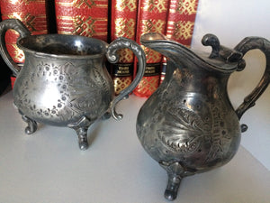Antique Sterling Silver Creamer and Sugar Bowl Set with Feet