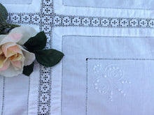 Load image into Gallery viewer, Irish Lace and Linen Antique White Embroidered Linen and Filet Crochet Tablecloth