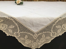 Load image into Gallery viewer, Vintage Irish Lace and Linen Off-white Tablecloth with Beige Filet Crochet Lace Edging