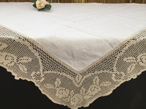Vintage Irish Lace and Linen Off-white Tablecloth with Beige Filet Crochet Lace Edging