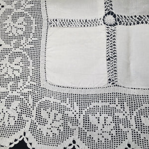 Vintage Irish Lace and Embroidered Linen White Tablecloth with Deep Filet Crochet Carnations Lace Edging