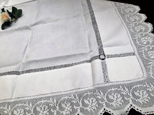 Load image into Gallery viewer, Vintage Irish Lace and Embroidered Linen White Tablecloth with Deep Filet Crochet Carnations Lace Edging