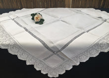 Load image into Gallery viewer, Vintage Irish Lace and Embroidered Linen White Tablecloth with Deep Filet Crochet Carnations Lace Edging