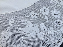 Load image into Gallery viewer, Wild Rose and Pigeon Vintage Collectible Irish Lace and Linen Tablecloth with Mary Card Designed Filet Crochet Edging