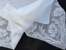Load image into Gallery viewer, Small Vintage Collectible Irish Lace and Linen Card Tablecloth with Mary Card Designed Anemones Filet Crochet Edging
