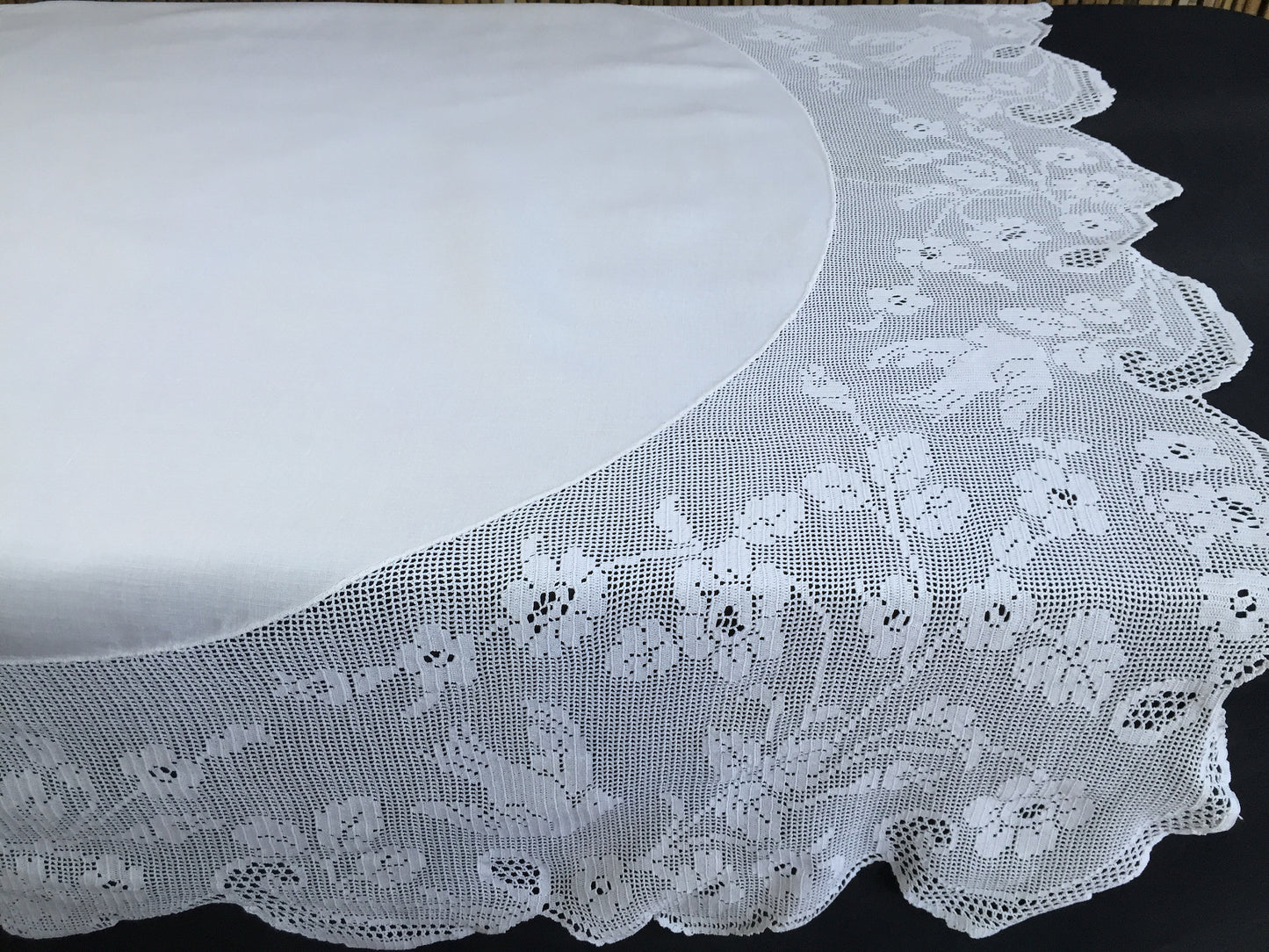 Wild Rose and Pigeon Vintage Collectible Irish Lace and Linen Tablecloth with Mary Card Designed Filet Crochet Edging
