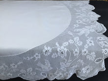 Load image into Gallery viewer, Wild Rose and Pigeon Vintage Collectible Irish Lace and Linen Tablecloth with Mary Card Designed Filet Crochet Edging