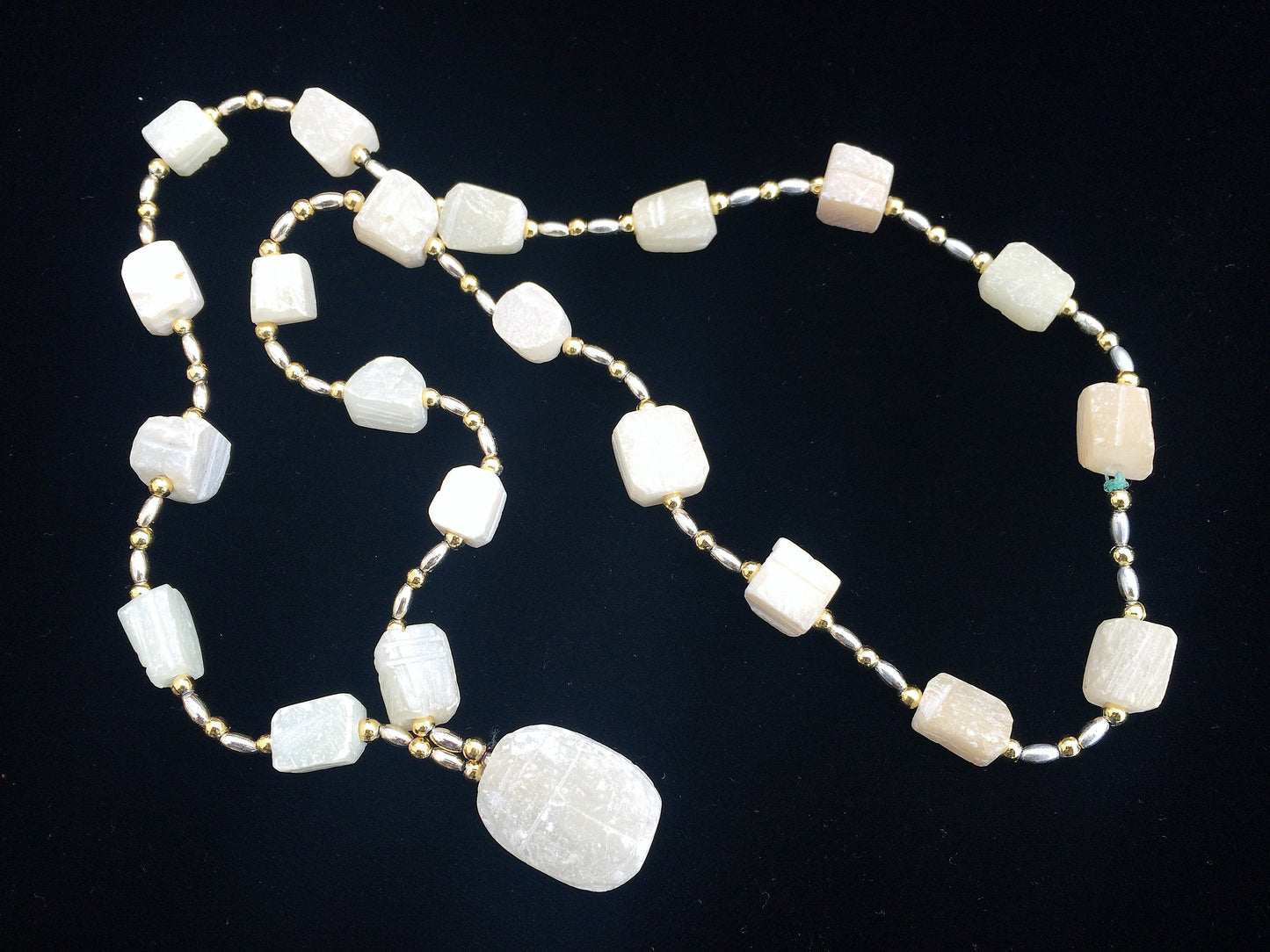 Natural White Stone or Rough Crystal and Gold and Silver Tone Metal Beaded Necklace with Pendant