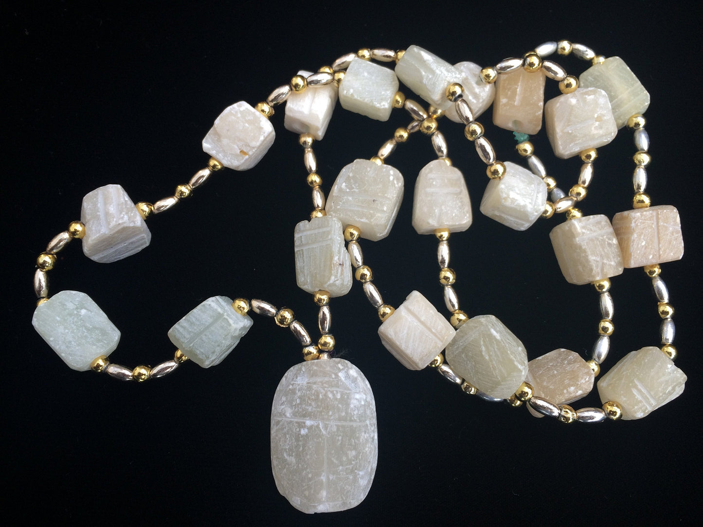 Natural White Stone or Rough Crystal and Gold and Silver Tone Metal Beaded Necklace with Pendant