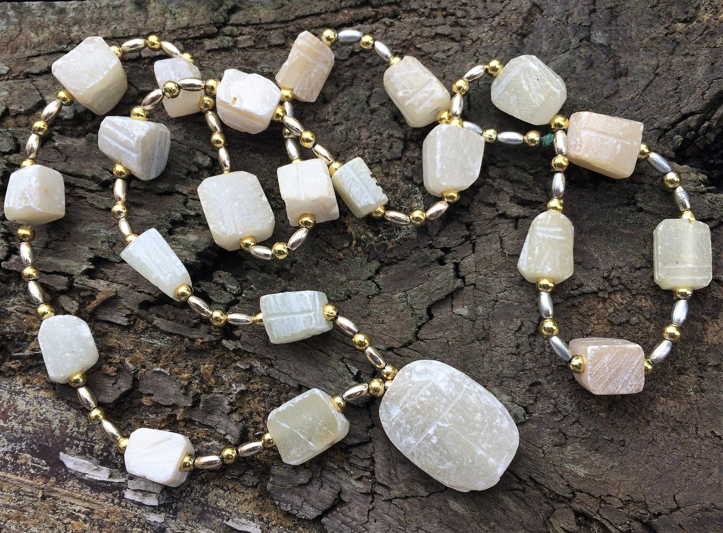 Natural White Stone or Rough Crystal and Gold and Silver Tone Metal Beaded Necklace with Pendant