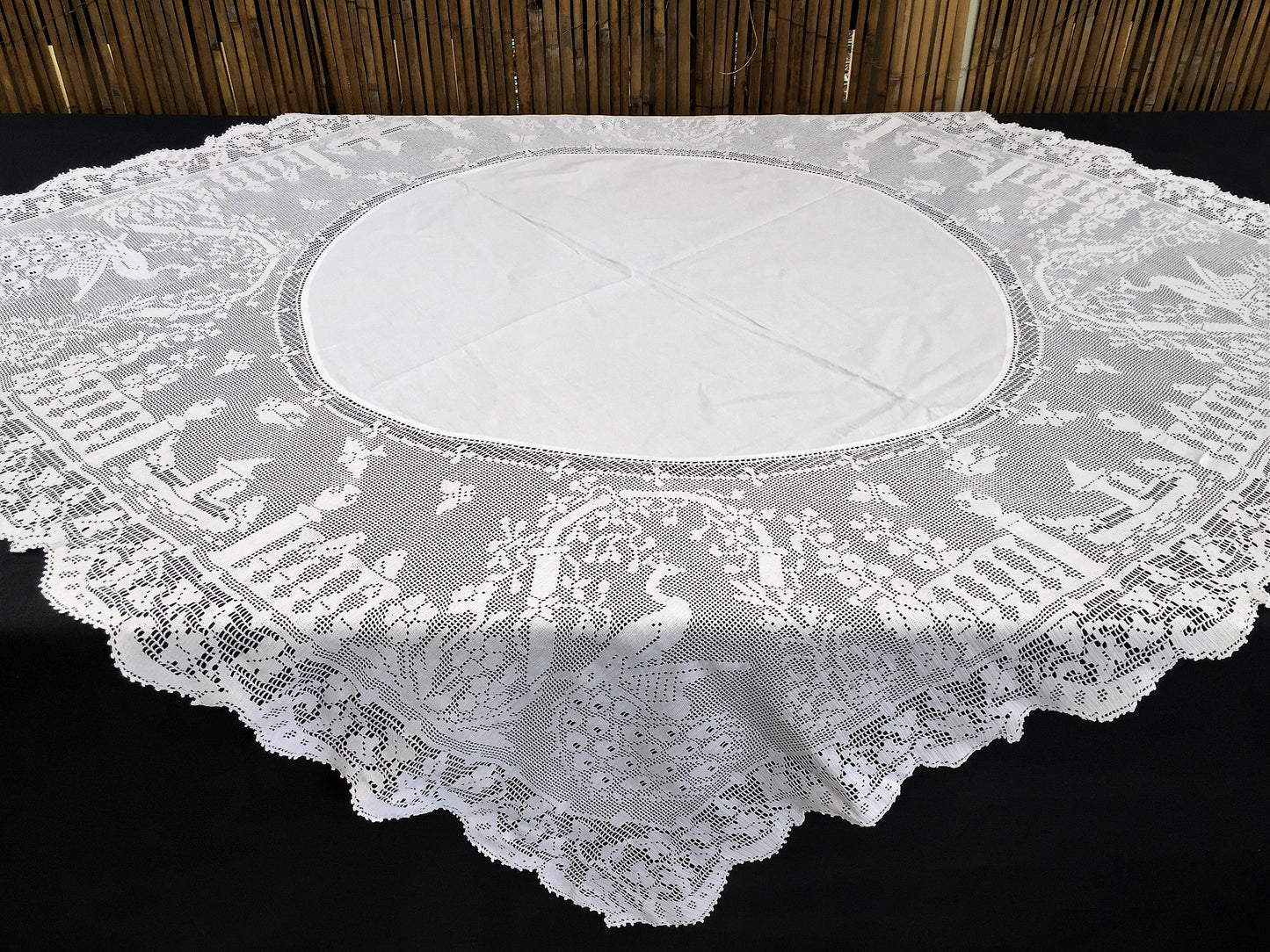 Mary Card "The Garden" Crochet Lace and Irish Linen Collectible Vintage Tablecloth with Peacocks in the Garden Chart No. 68