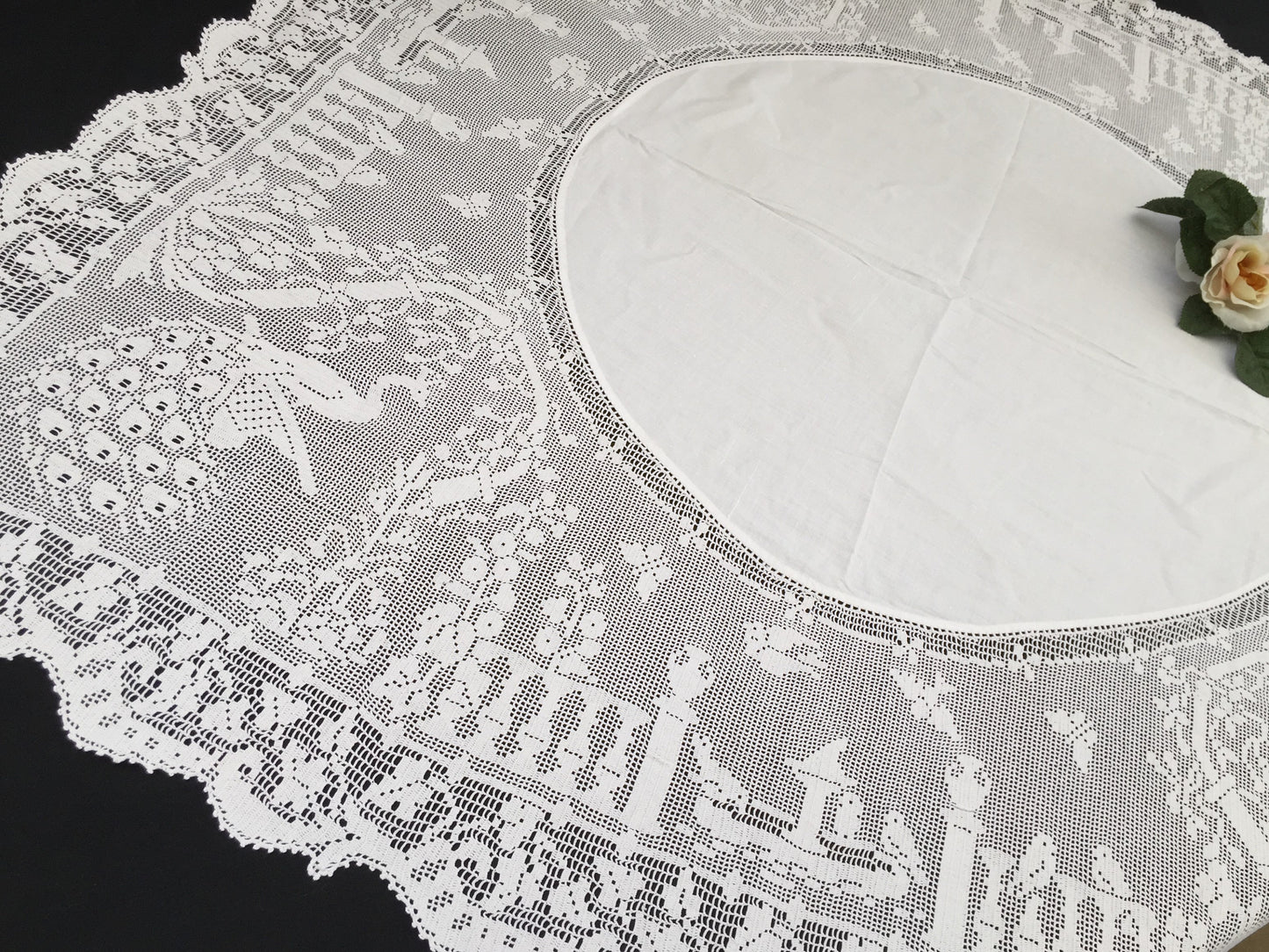 Mary Card "The Garden" Crochet Lace and Irish Linen Collectible Vintage Tablecloth with Peacocks in the Garden Chart No. 68